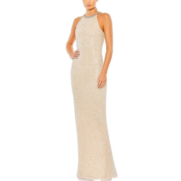 NWT Mac Duggal Nude Silver Beaded Sleeveless High Neck Column Gown size 6